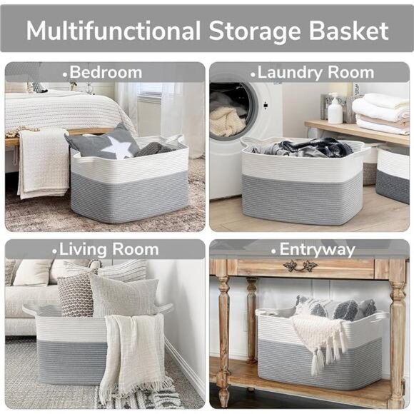 Large Toy Storage Basket, Grey Cotton Rope Baskets Toy Storage Bin - Picture 4 of 8